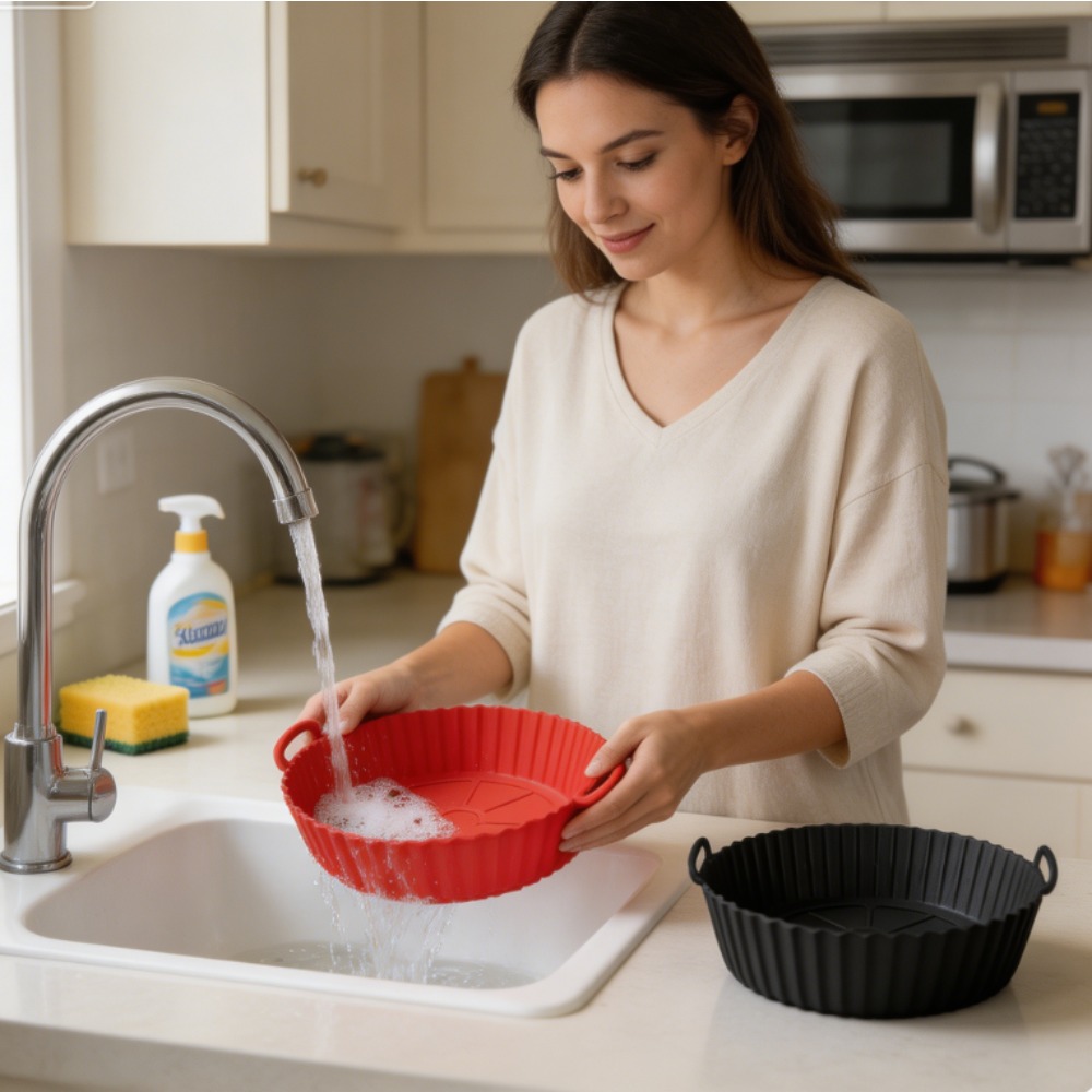Heat Mat Silicone - 丸型シリコン製エアフライヤーライナー、再利用可能な耐熱性ノンスティックベーキングトレイ（ハンドル付き）